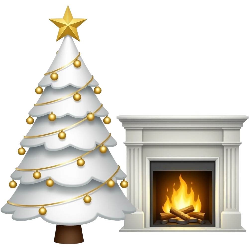 emoji of a white christmas tree and gold ornaments next to a fire place emoji
