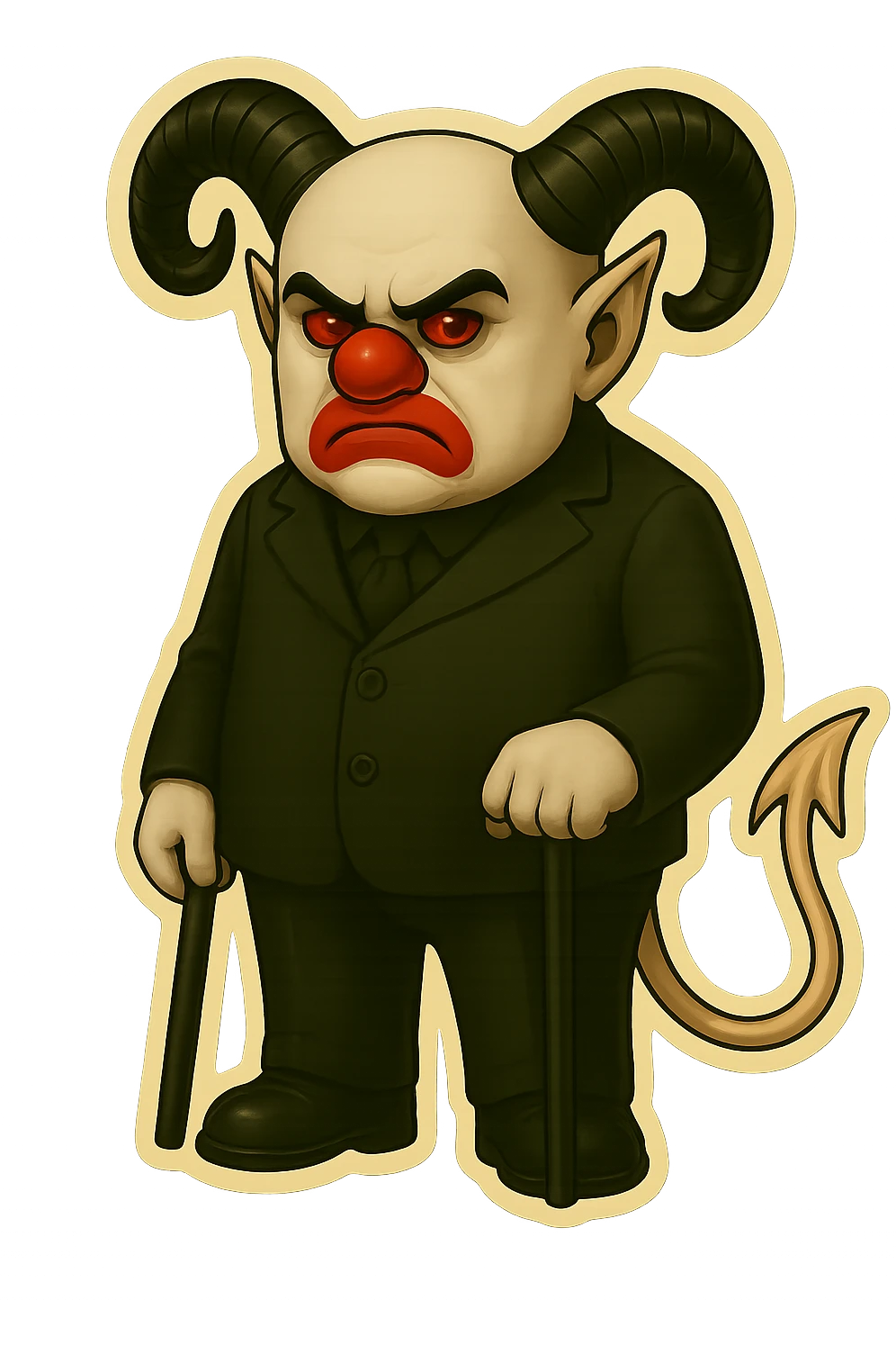 Edit the character so the area around his mouth is red instead of black. Keep the rest of the design the same: evil clown wizard with white skin, stoic and frowning expression, black suit, horns and tail, retro sticker style, transparent background, no pentagrams. emoji