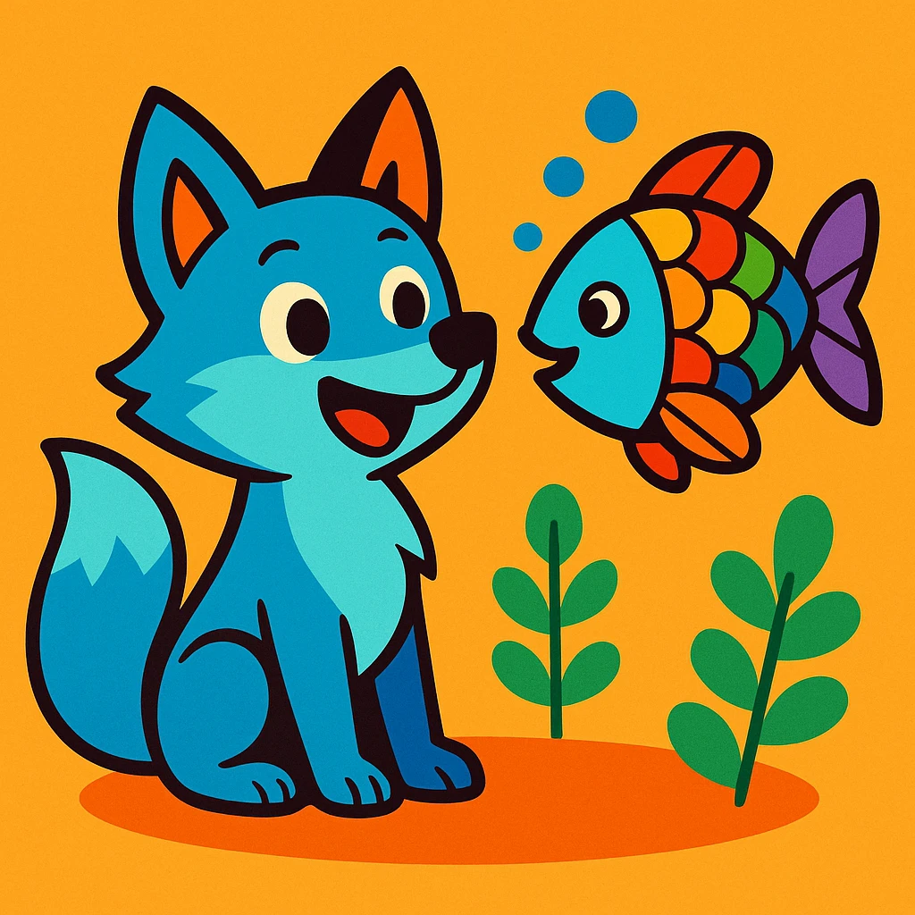 a cute blue fox and a rainbow fish as friends, playful and friendly, vibrant colors, cartoon style emoji