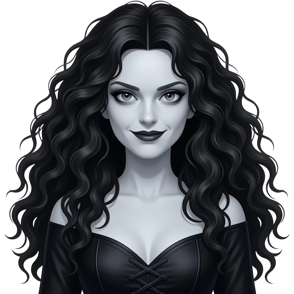 Bellatrix Lestrange emoji, adult woman, very pale skin, wild tangled long black hair with messy volume and curls, sharp cheekbones, dark sunken eyes, intense manic gaze, slightly crooked smile, gothic dark dress, chaotic energy, minimal icon, centered, white background, high detail emoji