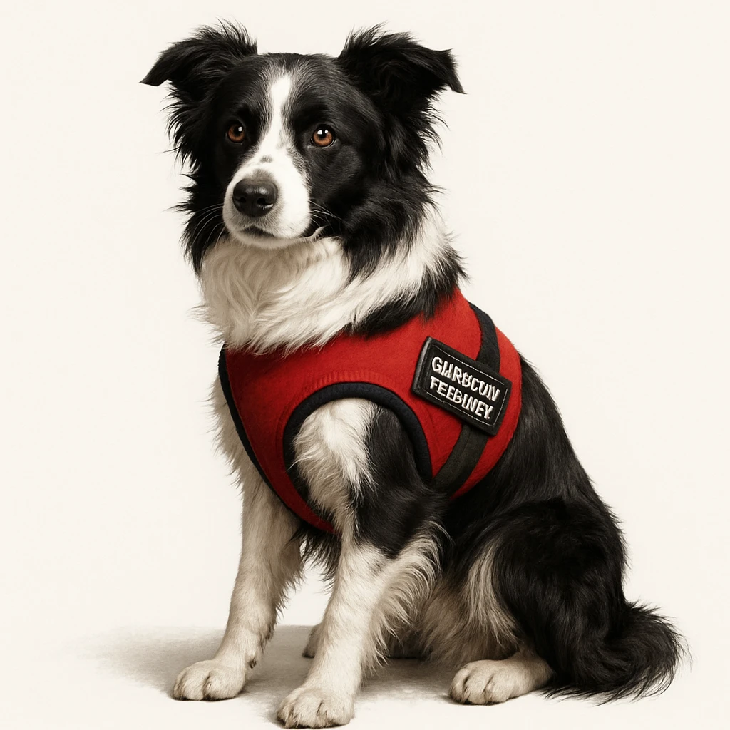 border collie with a red emotional support vest, sitting, alert, detailed fur, white background emoji