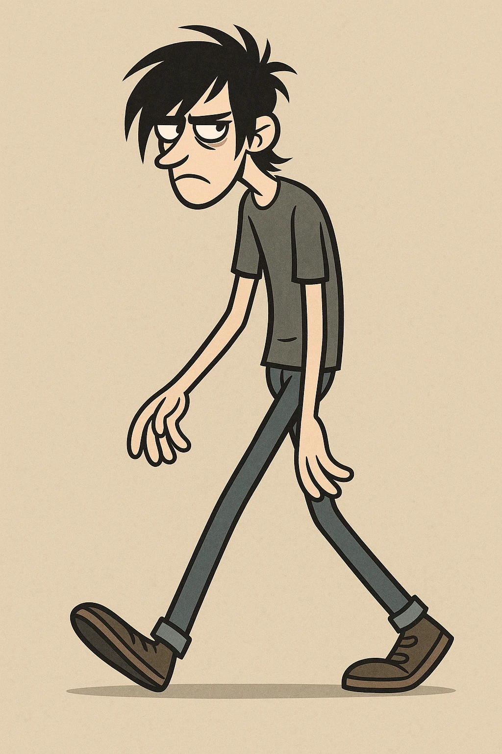 stylized tall skinny man with messy emo hairstyle walking, moody vibe, casual clothes, flat toon style emoji