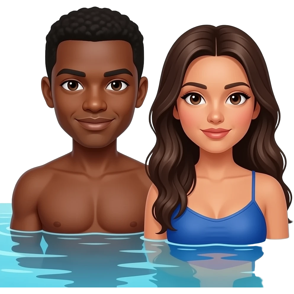 Black male with brown skin and short hair with a Columbian well built woman with look hair and pretty eyes. Poolside emoji