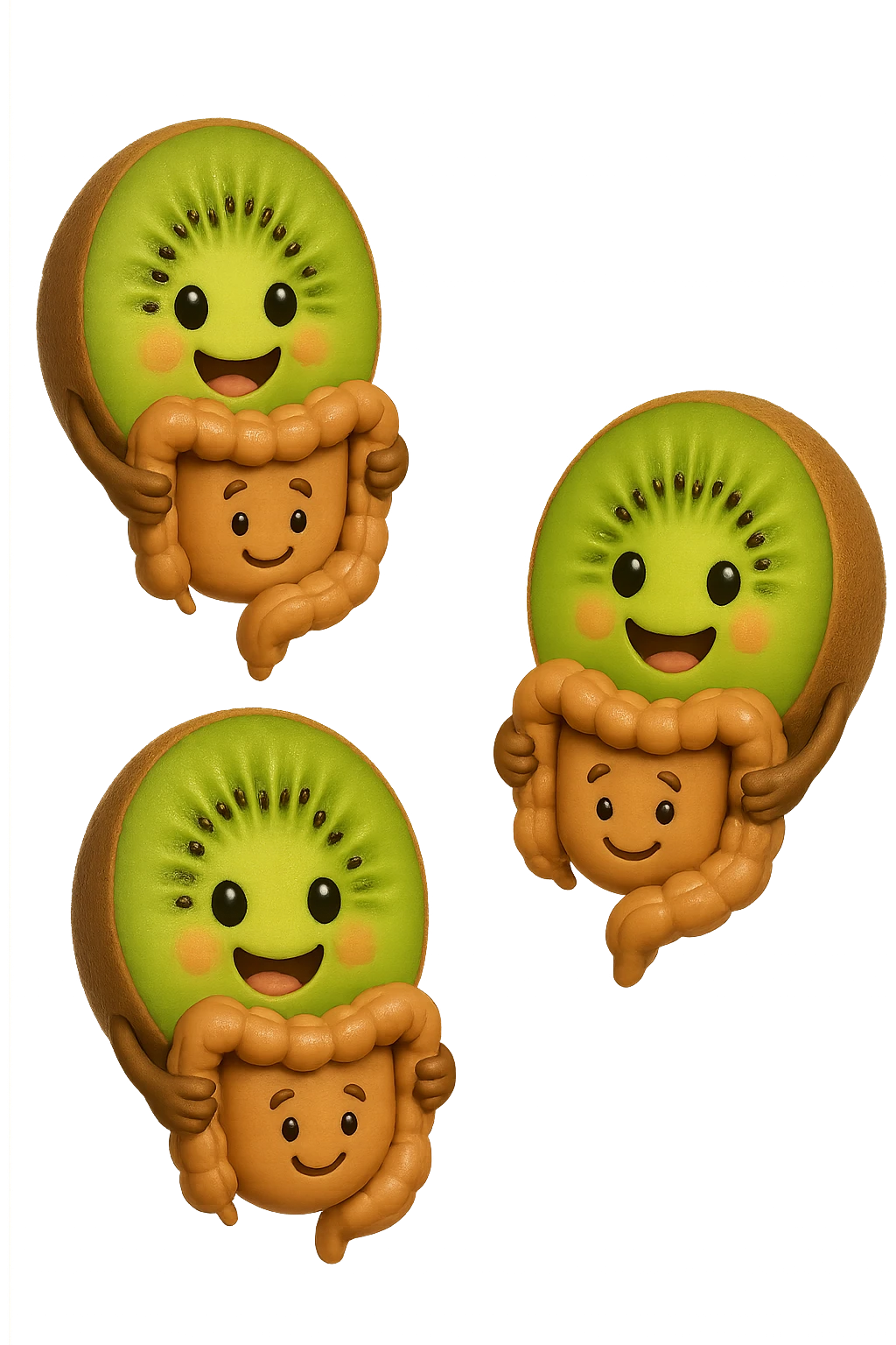 emoji stile iphone di kiwi fluttuano in aria tenendo in mano un pezzo di colon con espressione felice in volto, iperrealistico 4k emoji