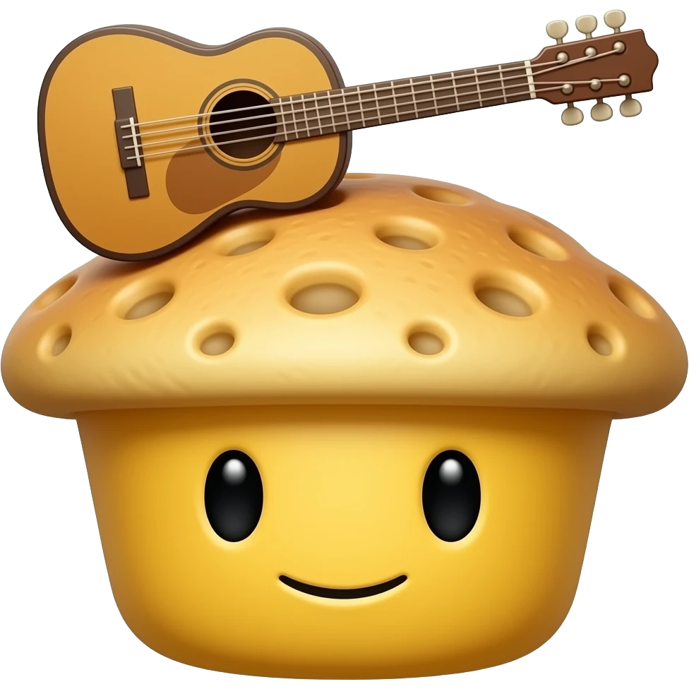 verry round yellow face emoji with a "medieval bard muffin hat" and a "medieval bard instrument", "no arms nor hands" emoji