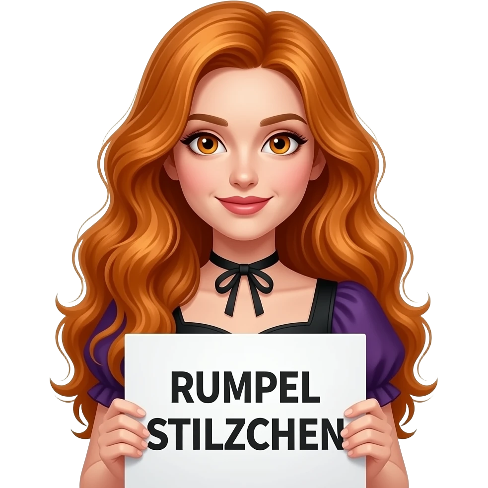 sexy girl with long wavy ginger hair and ginger eyes wearing a halloween dress is holding a white colored sign with RUMPEL STILZCHEN written on it emoji