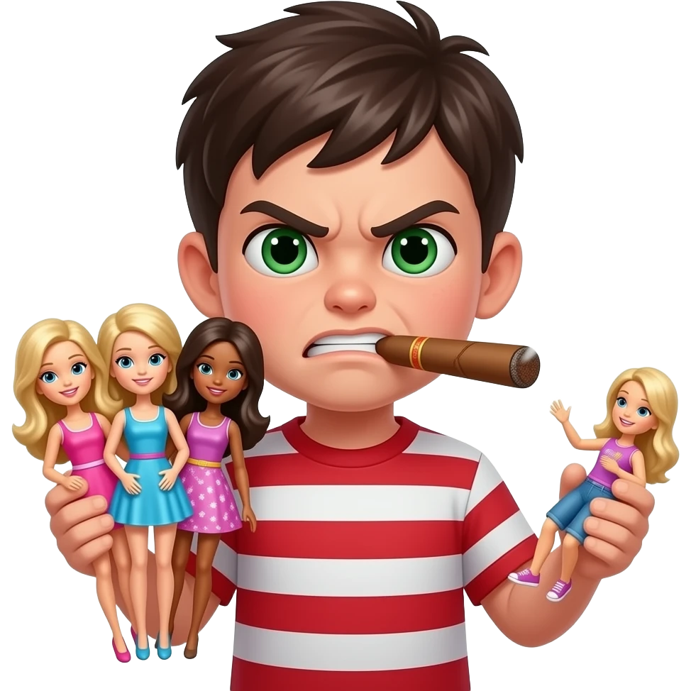 Little slim dark haïr boy with green eyes with three barbies in one Hand with very angry face and cigar and broken doll in another hand emoji