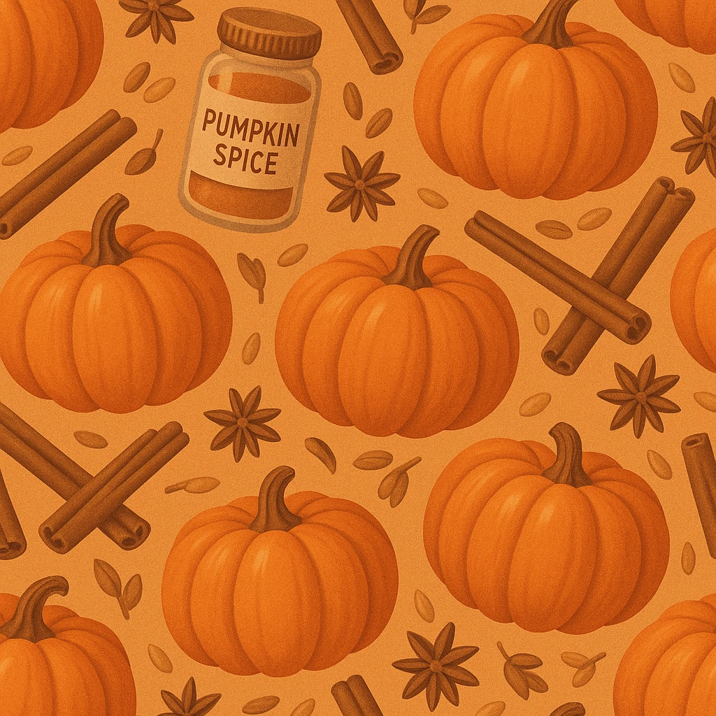 seamless pattern of pumpkins and pumpkin spice, warm orange and cinnamon tones, cozy autumn vibes, soft texture, vector style, high resolution emoji