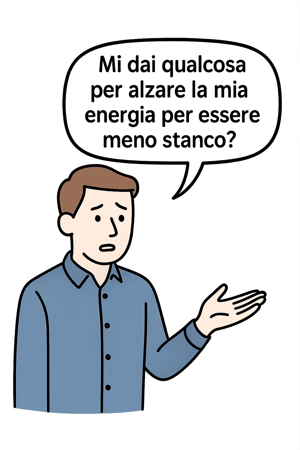 uomo che dice in una nuvoletta "mi dai qualcosa per alzare la mia energia per essere meno stanco?" emoji