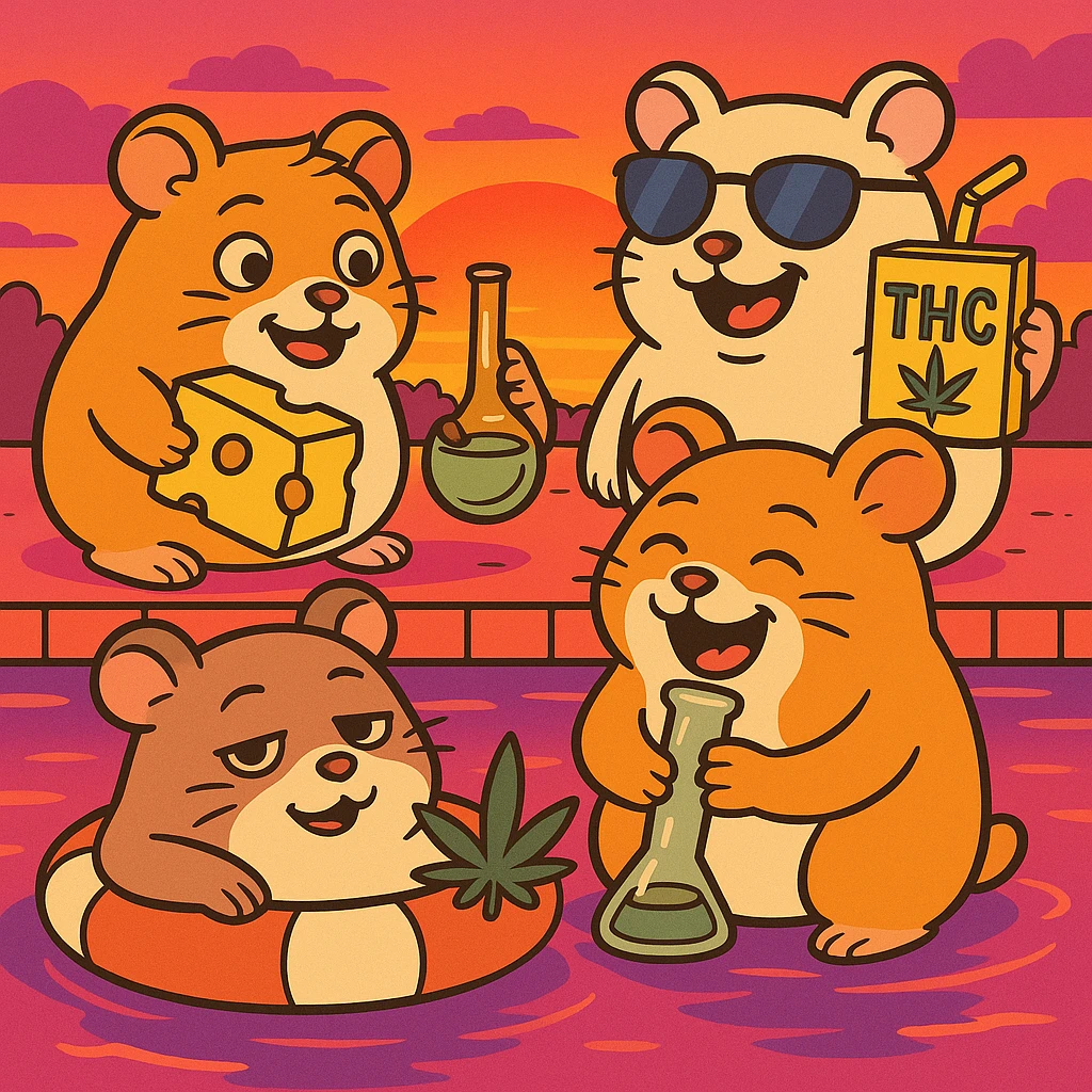 Add a bold sunset background with bright orange, pink, and purple colors behind the pool party scene. Maintain the flat toon style with a nostalgic, fun, and inviting summer party vibe, including THC/weed/cheese theme elements. emoji