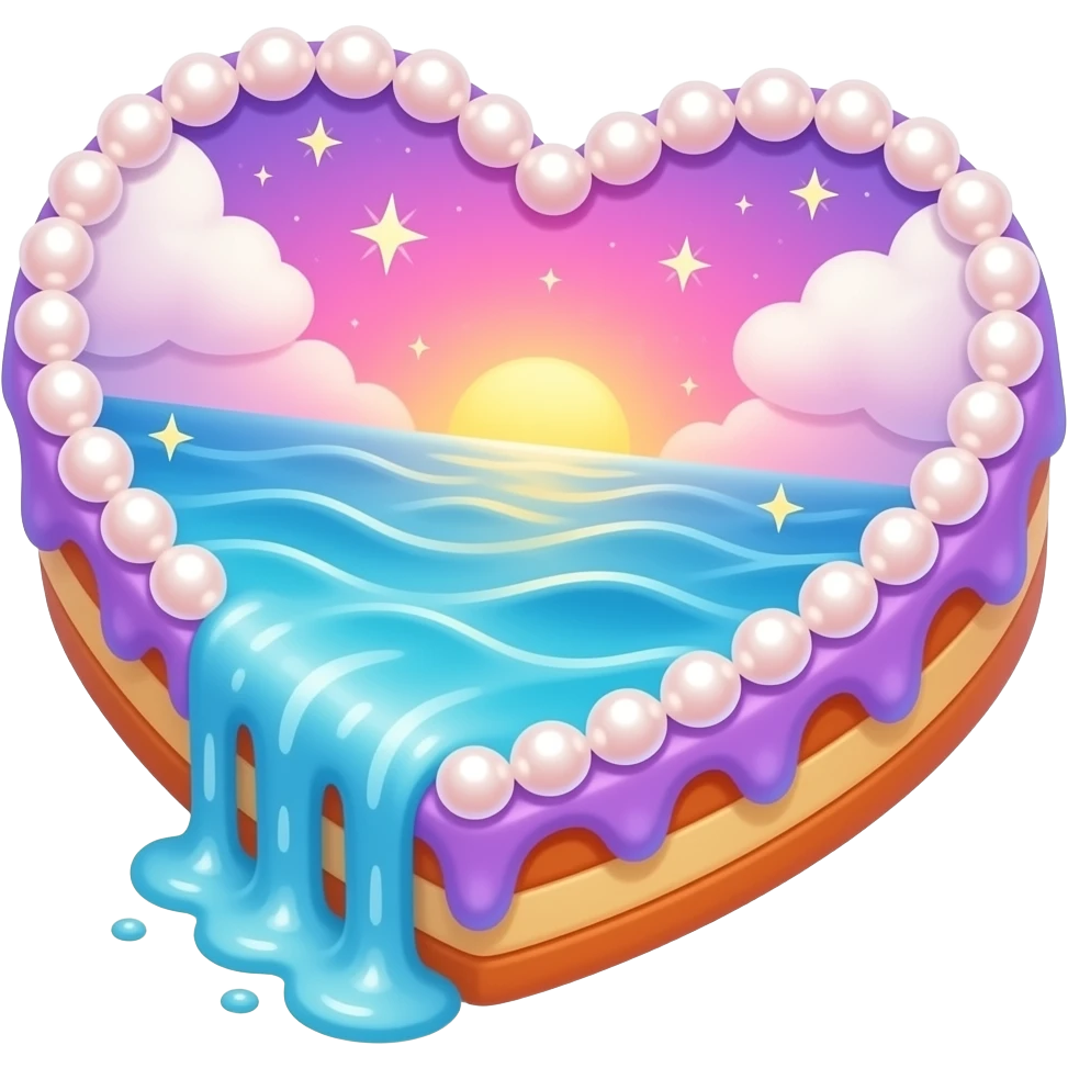 A starry beautiful heart cake with pearls and ocean water washing up as icing on the cake with clouds and a sunset and the majority of the cake is pink purple and blue with a hint of orange emoji