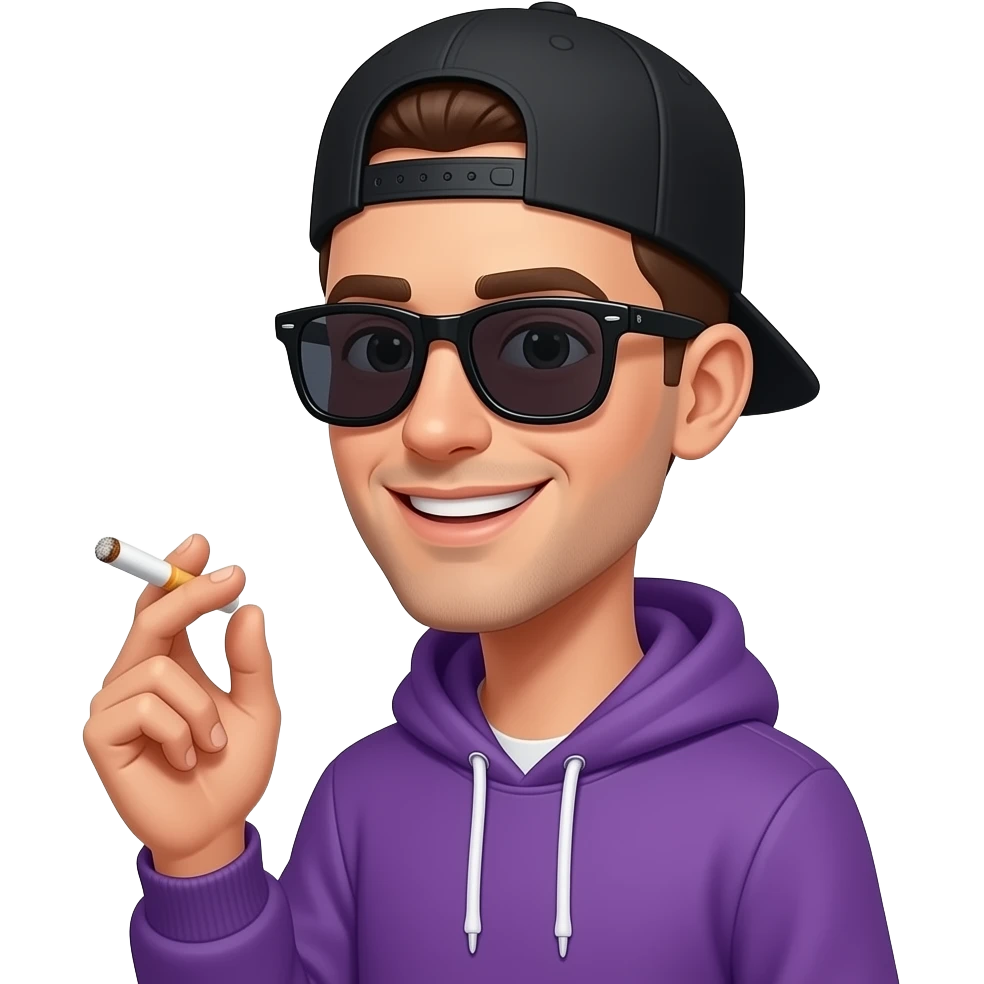 tall skinny guy with black basecap, purple hoodie, sunglasses is smoking  an joint and smiles emoji