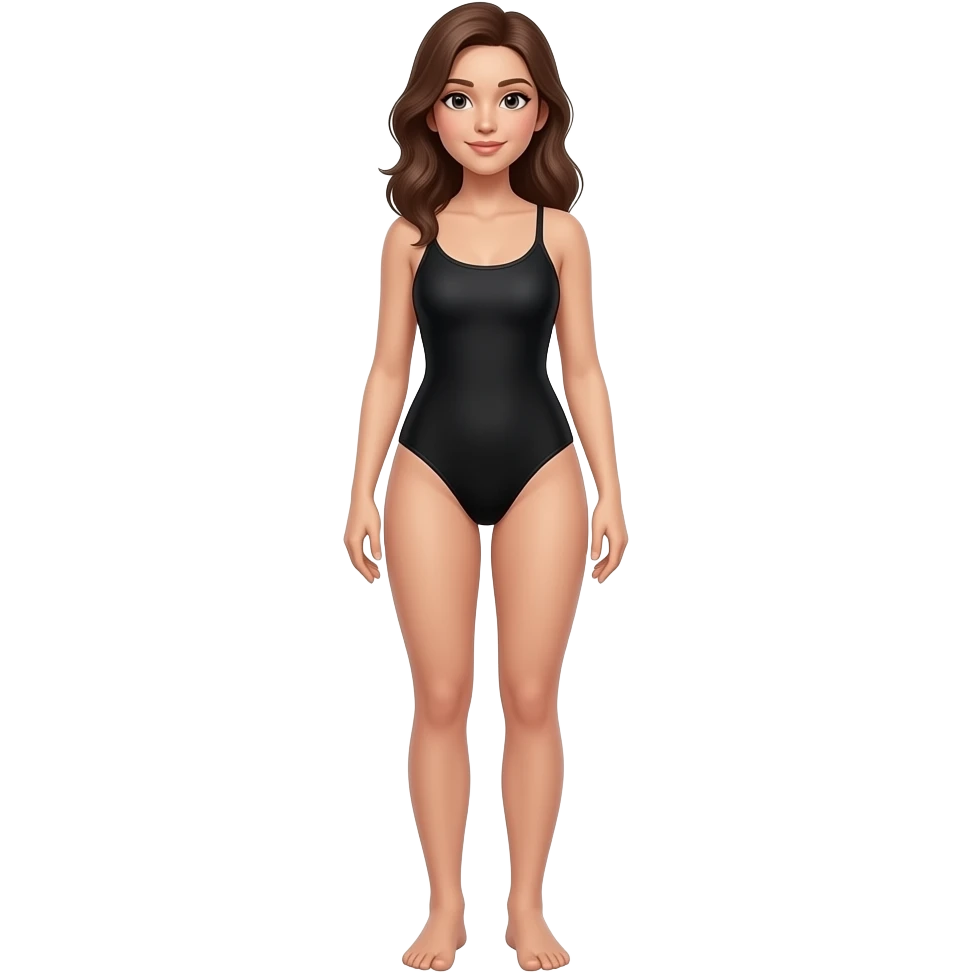 in a white background with 9:16 aspect ratio, generate me a full body woman wearing a black one piece swimwear, leaving it barefoot. emoji