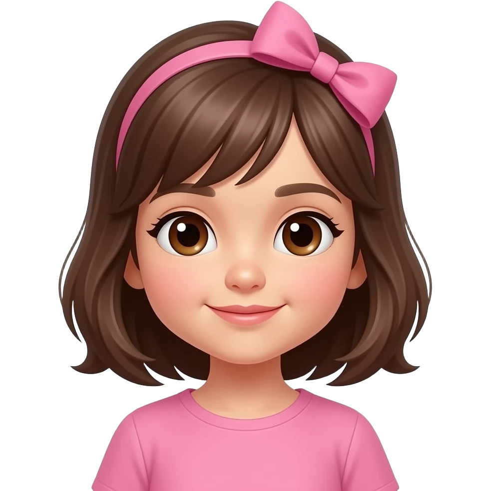 Stunning little girl with medium length hair and a pink bow in her hair and brown eyes emoji