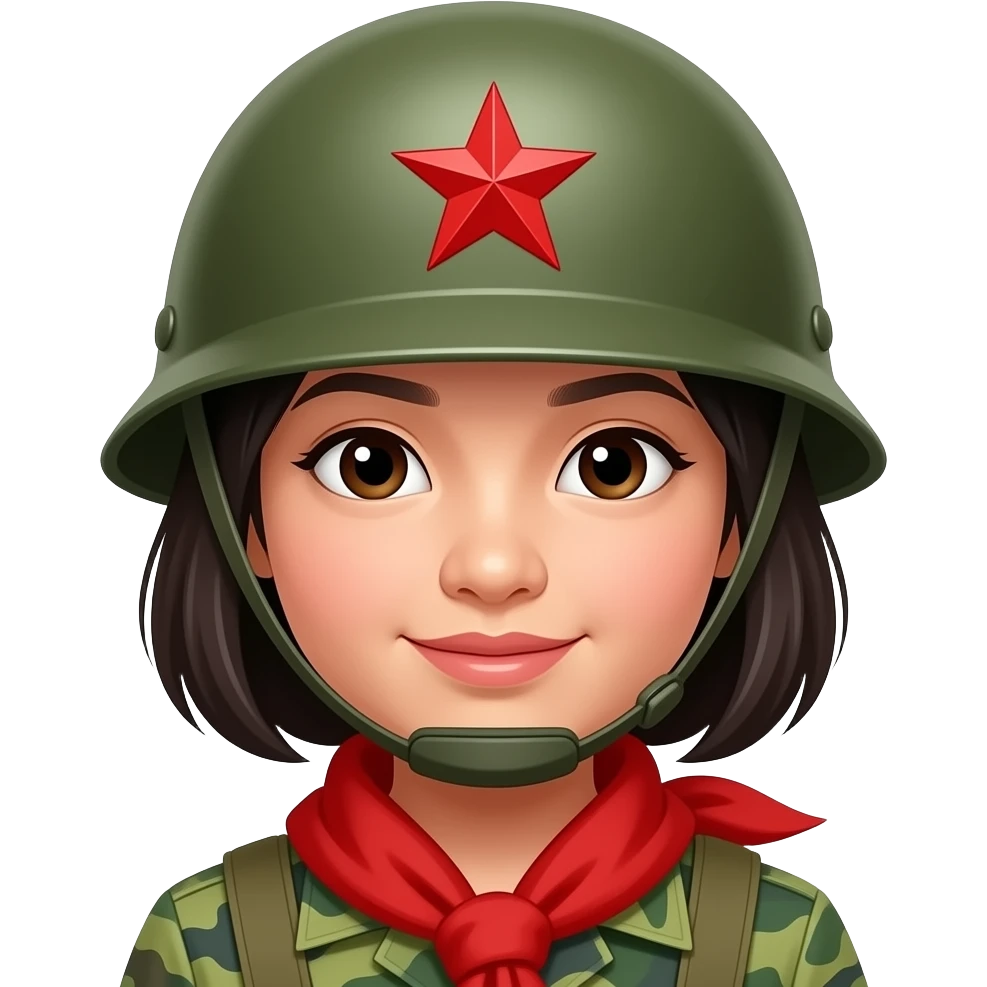 Vietnamese girl with army helmet and scarf. Red star on helmet emoji