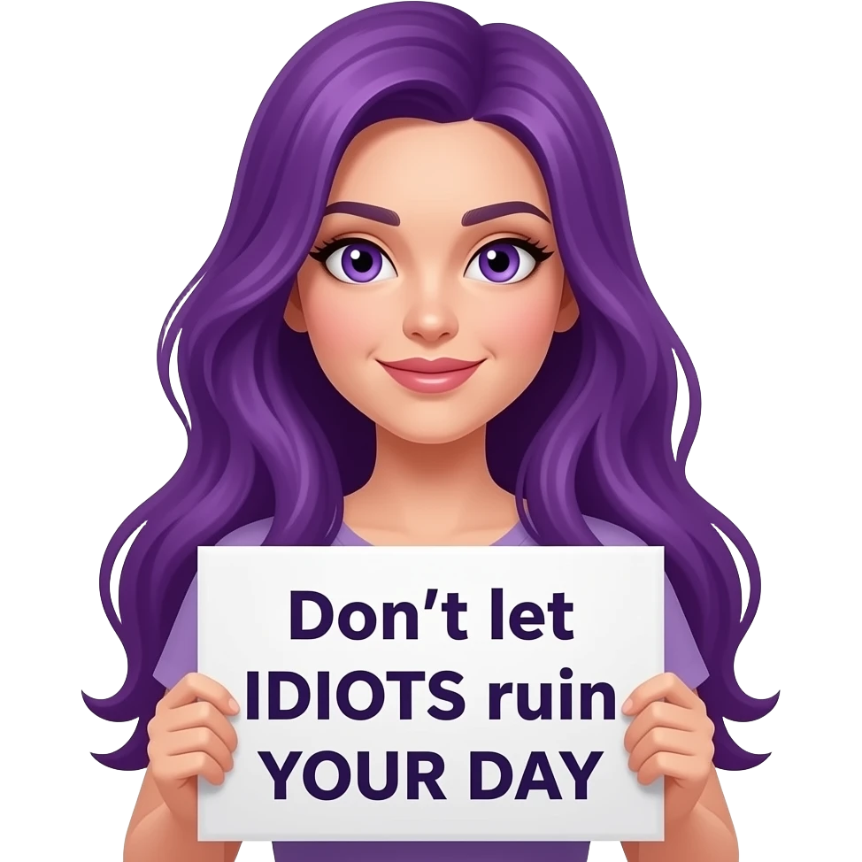sexy girl with long purple hair and purple eyes holding Don't let IDIOTS ruin YOUR DAY sign emoji