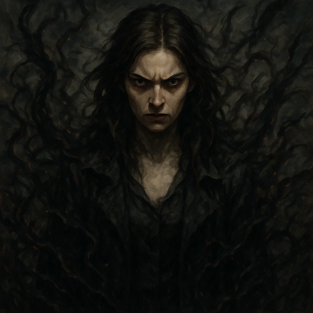 A woman with brown hair surrounded by chaotic, negative energy, intimidating presence, intense and foreboding expression, menacing and dreadful aura, sharp features, unsettling vibe emoji