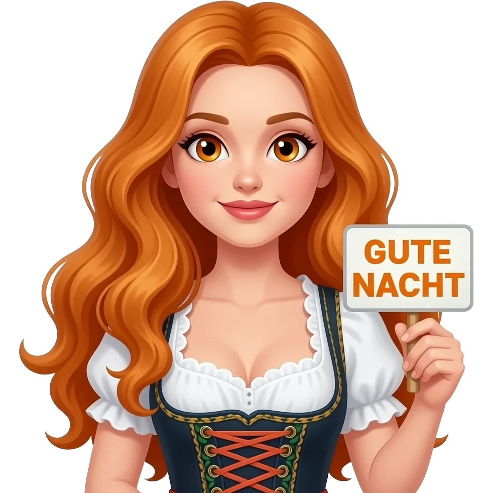 sexy girl with overlong ginger hair and ginger eyes wearing a dirndl holding GUTE NACHT sign emoji