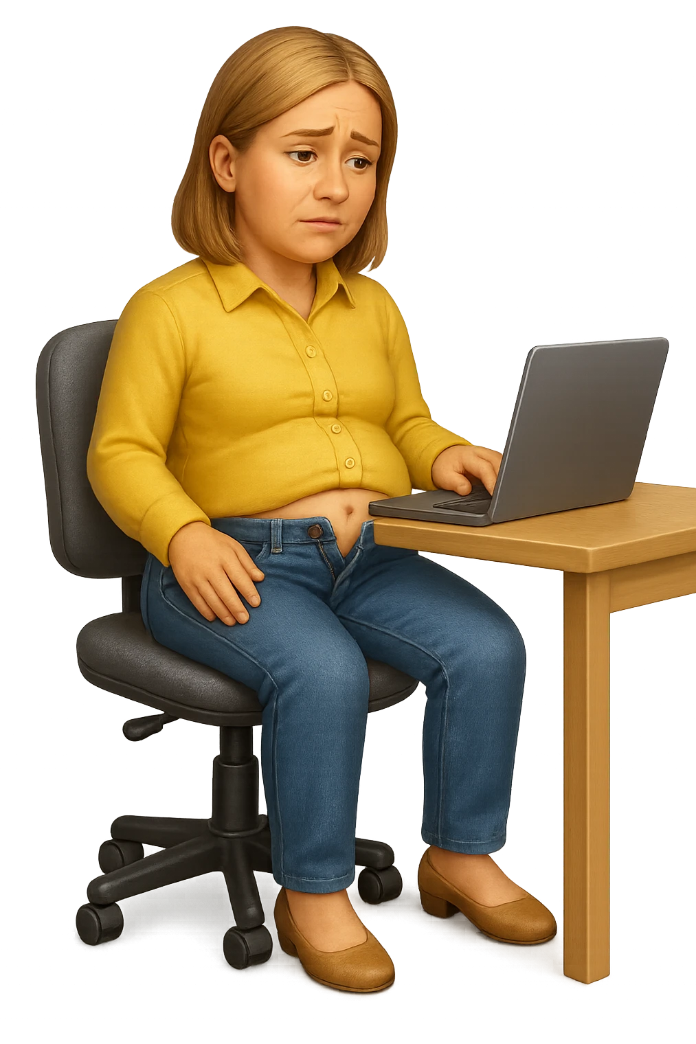 emoji stile iphone di una donna seduta alla scrivania dell'ufficio con i pantaloni sbottonati perché ha la pancia gonfia, falla a corpo intero, iperrealistico 4k emoji