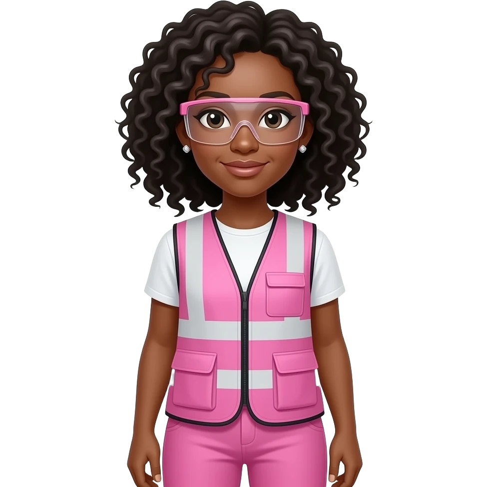 African American  light skin women with shoulder length curly black hair wearing diamond earrings wearing pink and clear safety glasses wearing a pink construction vest wearing pink pants emoji