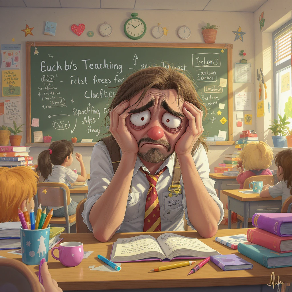 digital cartoon art of a exhausted teacher in a bustling classroom emoji