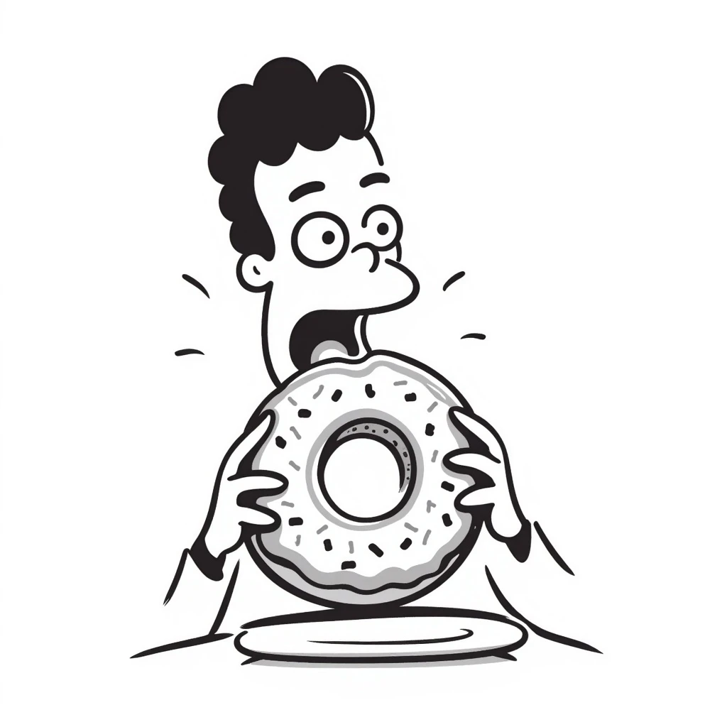Homer Simpson hand-drawn doodle, exaggerated features, eating a donut emoji