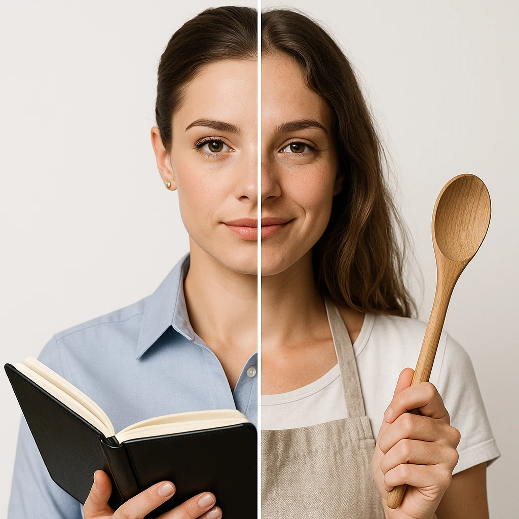 4K hyper realistic split-image of a beautiful woman: left half with soft makeup, hair in a bun, business shirt, holding a planner; right half natural, hair loose, kitchen apron, holding a wooden spoon, gentle smile, symmetrical, white background, clear contrast emoji