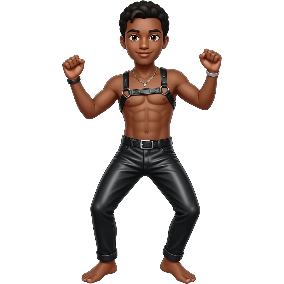 Un chico de color de piel trigueña tiene un pantalon de cuerina negro y tiene un arnes en el pecho y esta bailando en una fiesta descalzo emoji