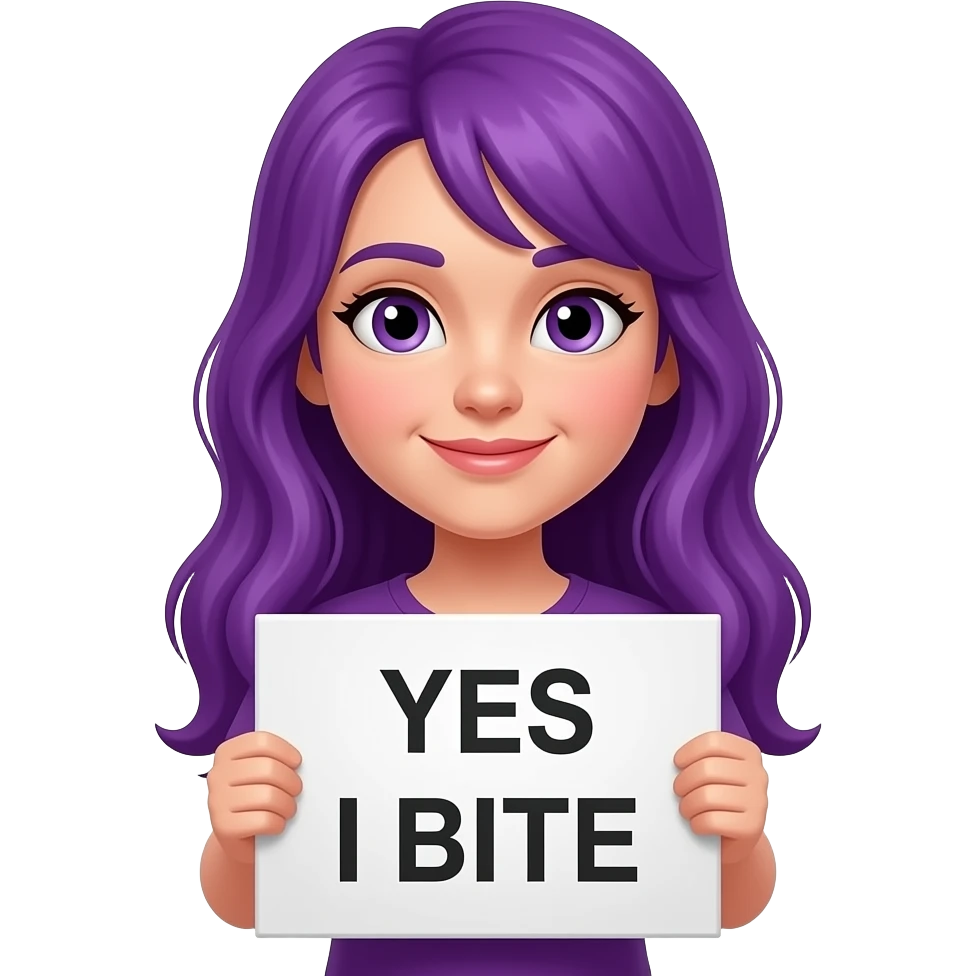 girl with long purple hair holding a YES I BITE sign emoji
