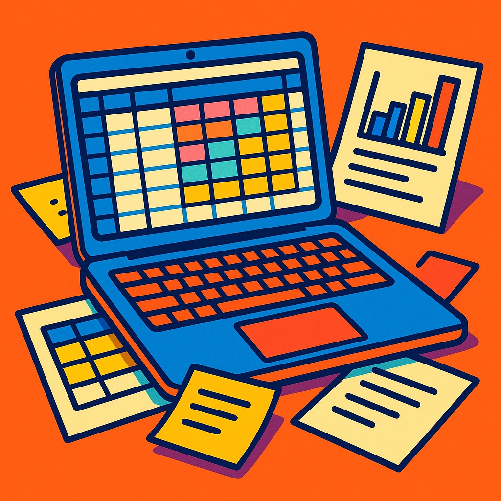 a MacBook with open spreadsheets and paper notes, vibrant cartoon style emoji