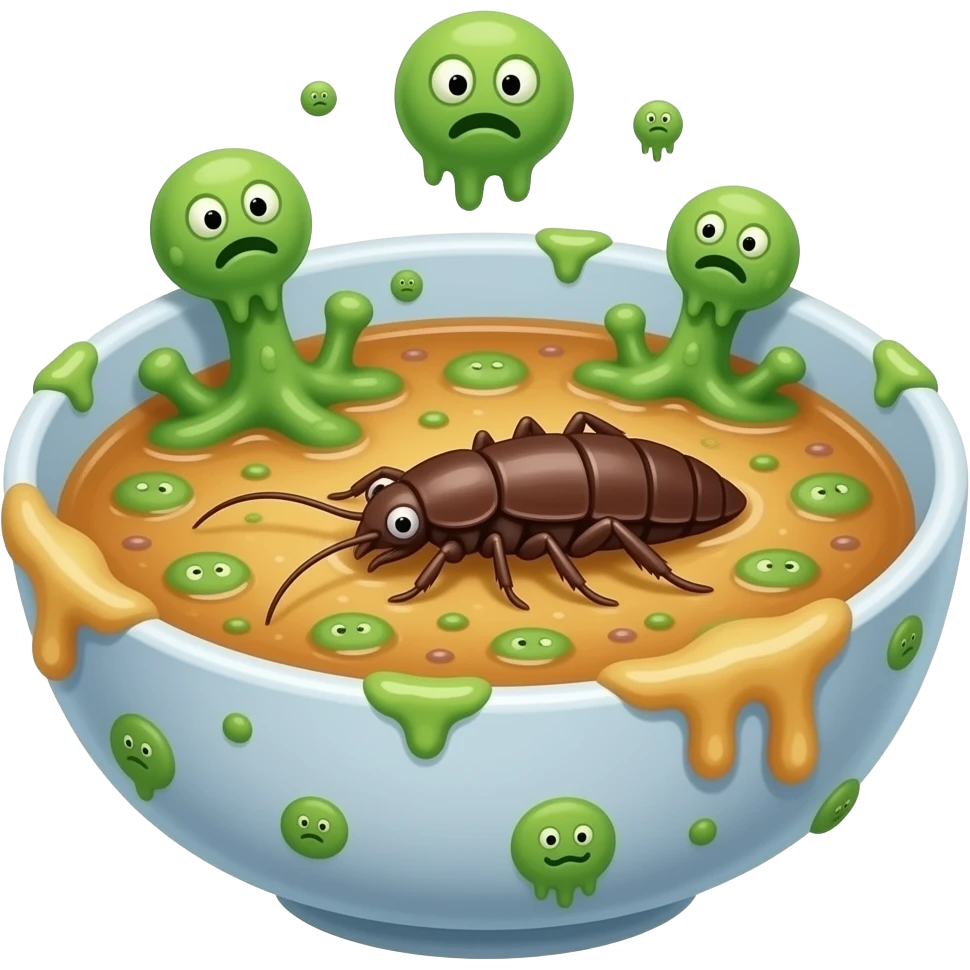 moldy rotten soup. molds should be green and cartoonish. there will be a cockroach on it. no face emoji