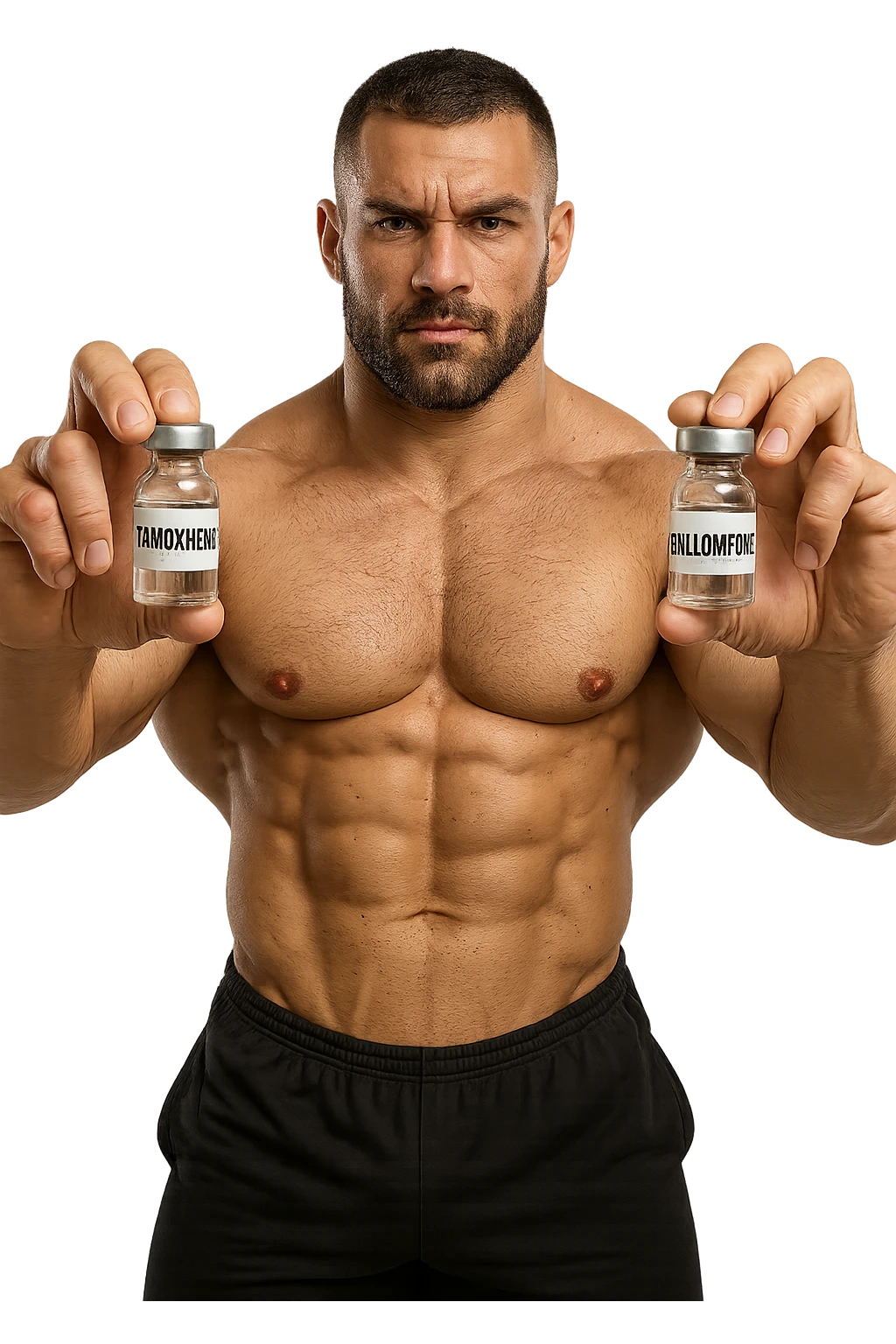 bodybuilder tiene una fiala medica con la scritta "TAMOXIF€NE" NELLA MANO DESTRA E UNA FIALA CON LA SCRITTA €NCL*MIFENE" NELLA MANO SINISTRA emoji
