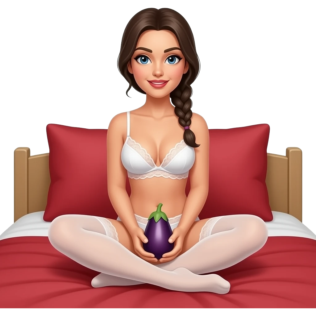 woman, in lacy white bra and thong, white hold ups, braided ponytail, sitting on red bed, hands to rear,  holding aubergine between feet emoji