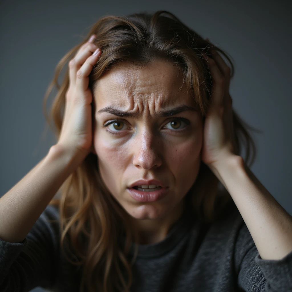 woman with hands in hair, stressed and nervous expression, hyperrealism 4K, variation 2 emoji