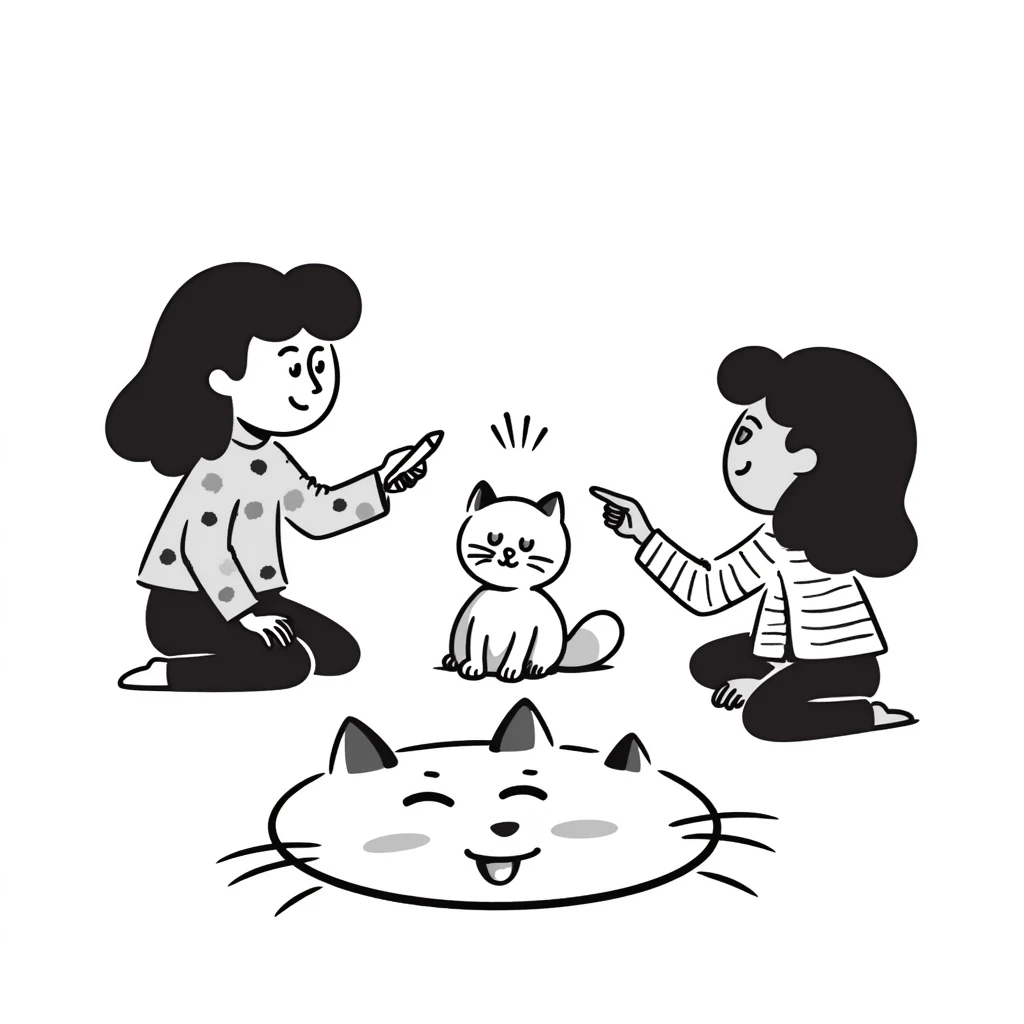 two girls and a cat drawing an emoji, hand-drawn doodle style emoji