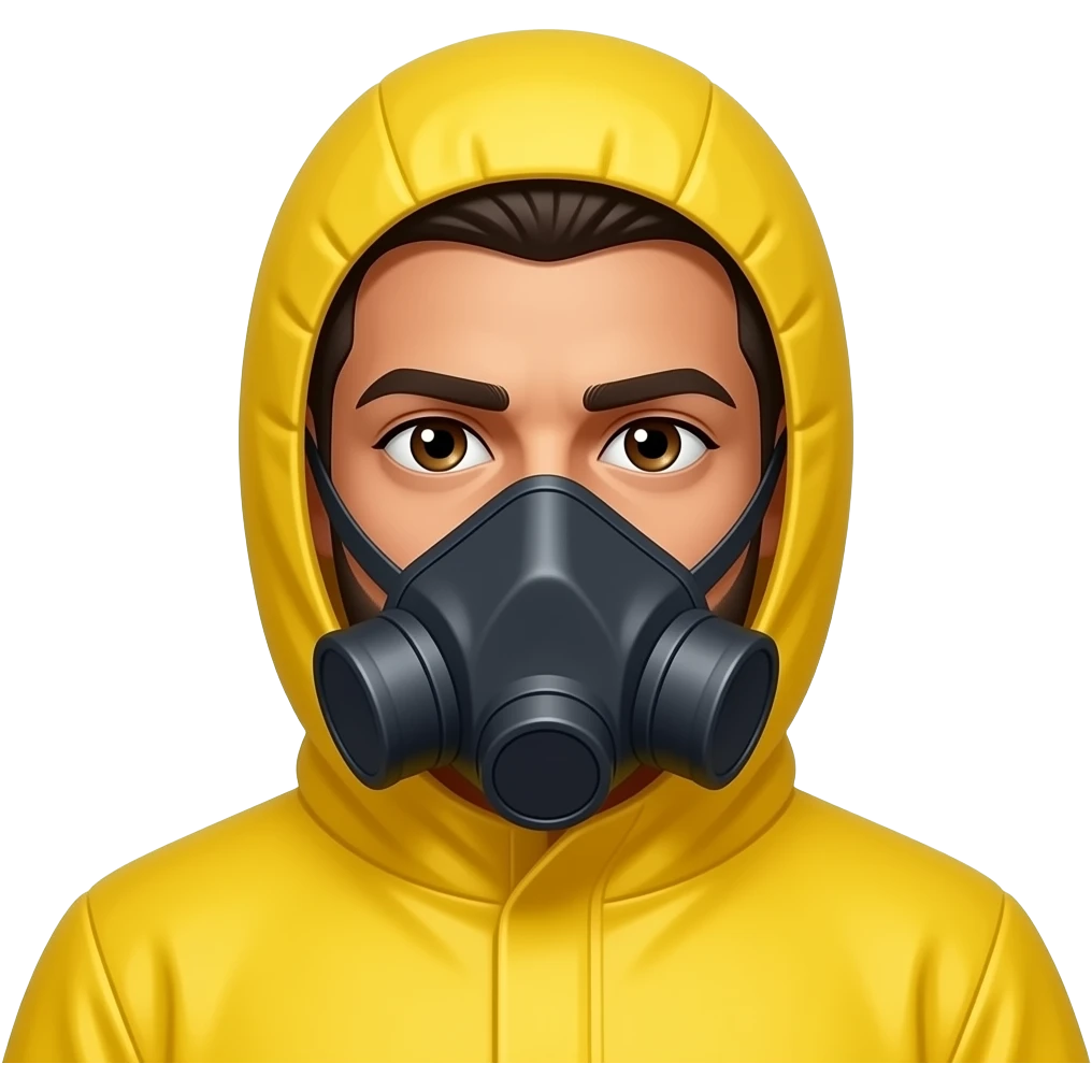 arabian man dark brown hair brown eyes brown skin yellow hazmat suit with hood on and mask emoji