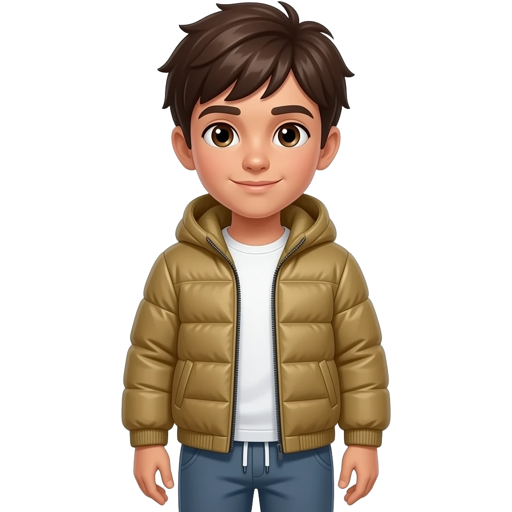 Make a Boy with light brown skin color, brown eyes and dark brown hair. He is wearing a Softshell Jacket and Sweatpants. emoji
