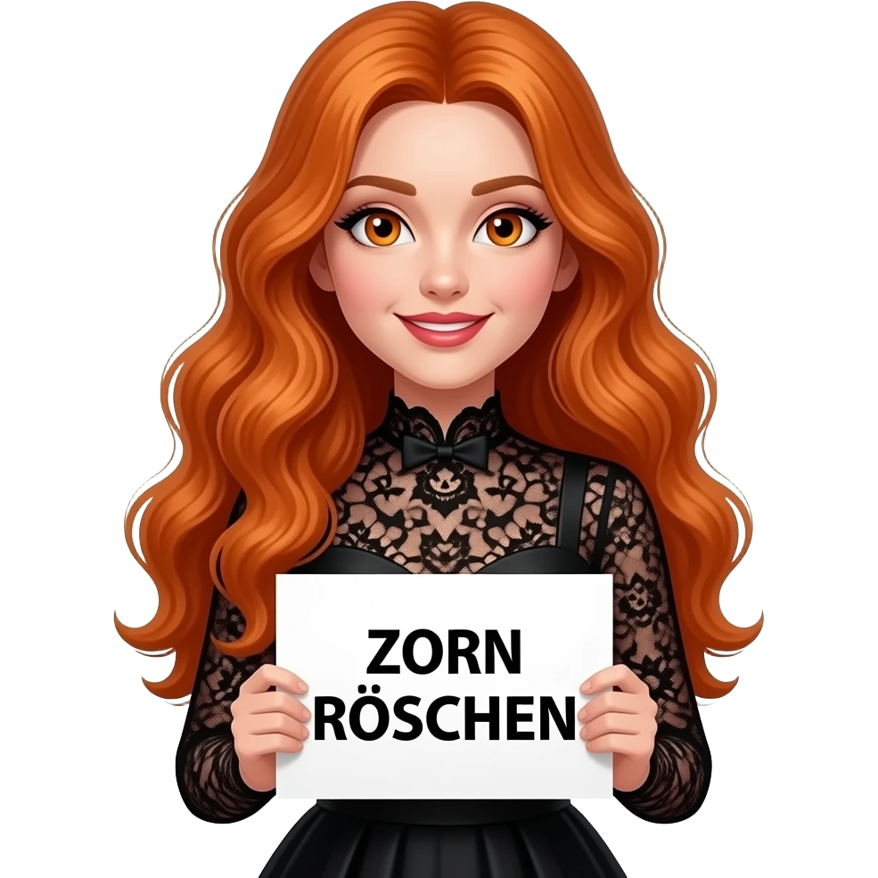 sexy girl with long wavy ginger hair and ginger eyes wearing a halloween dress is holding a white colored sign with ZORN RÖSCHEN written on it emoji