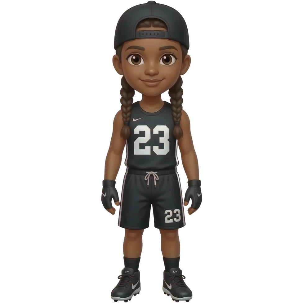 Brown skin teenager on with black cap with black tank top number 23 black shorts number 23 black gloves Nike cleats long braids emoji