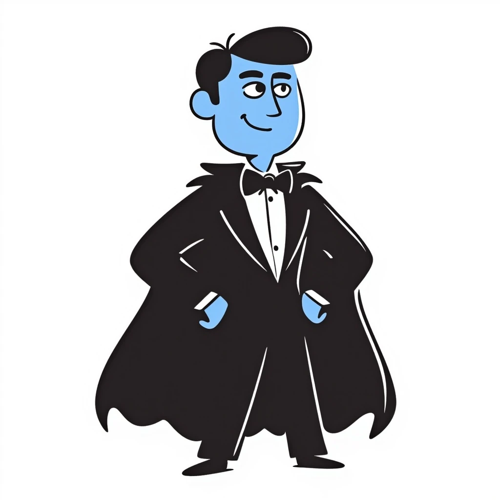 megamind character, blue-skinned supervillain with a large head, wearing a black cape and suit, confident expression, hand-drawn doodle style emoji