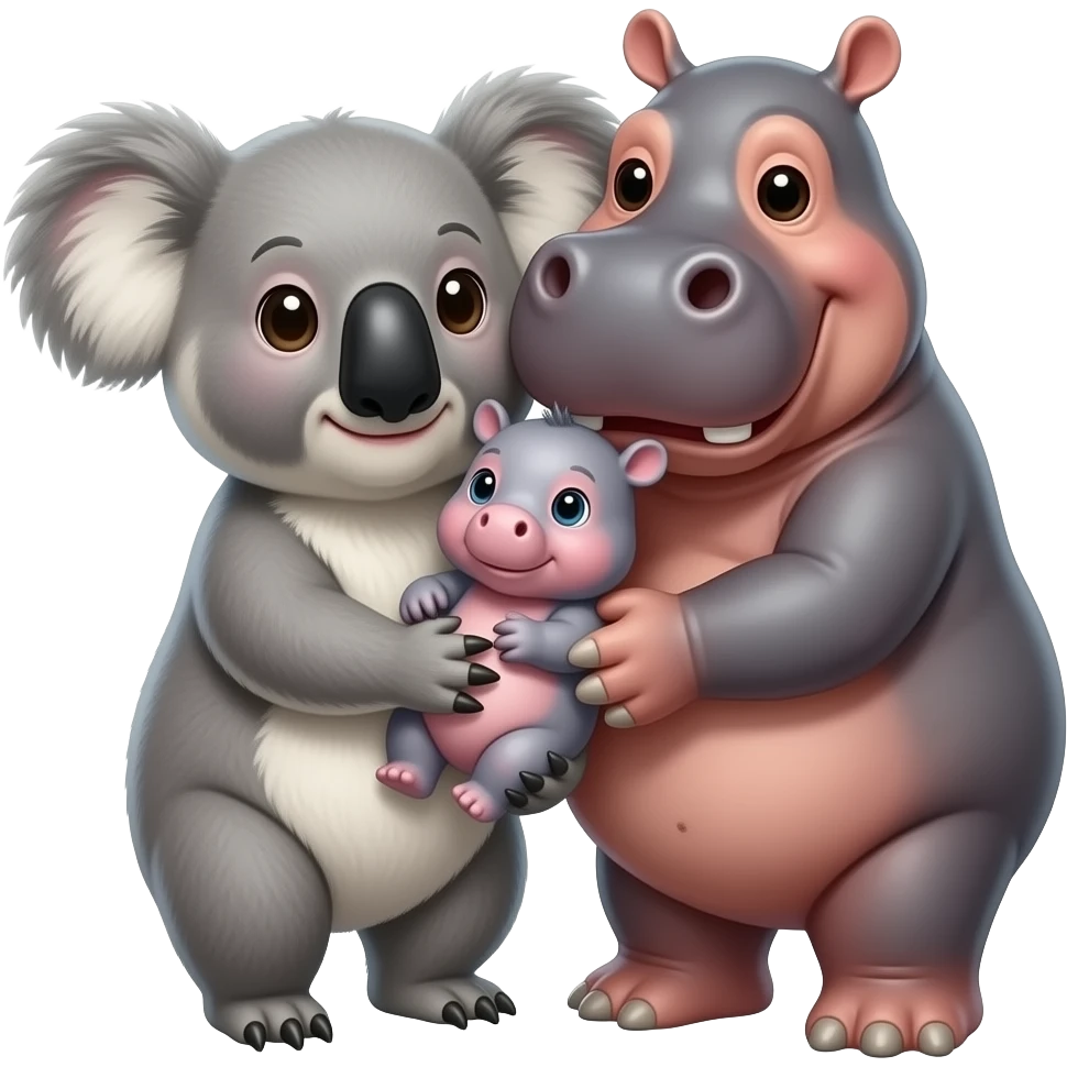 Skinny Koala and hippo holding their one baby hippo Together in both of their arms hugging emoji family realistic real emoji not cartoon cuddle emoji