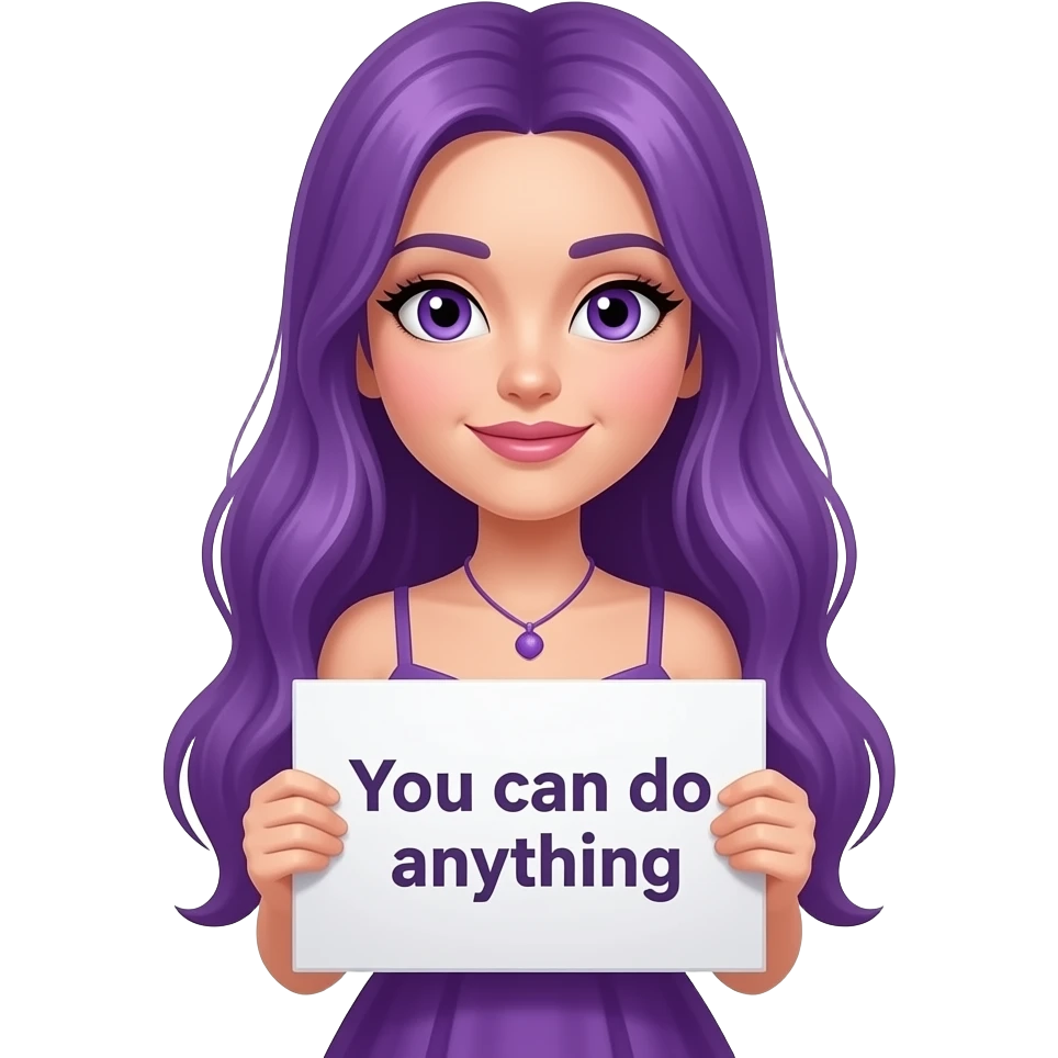 sexy girl with long purple hair and purple eyes wearing a dress holding a GIRL! You can do anyything sign emoji