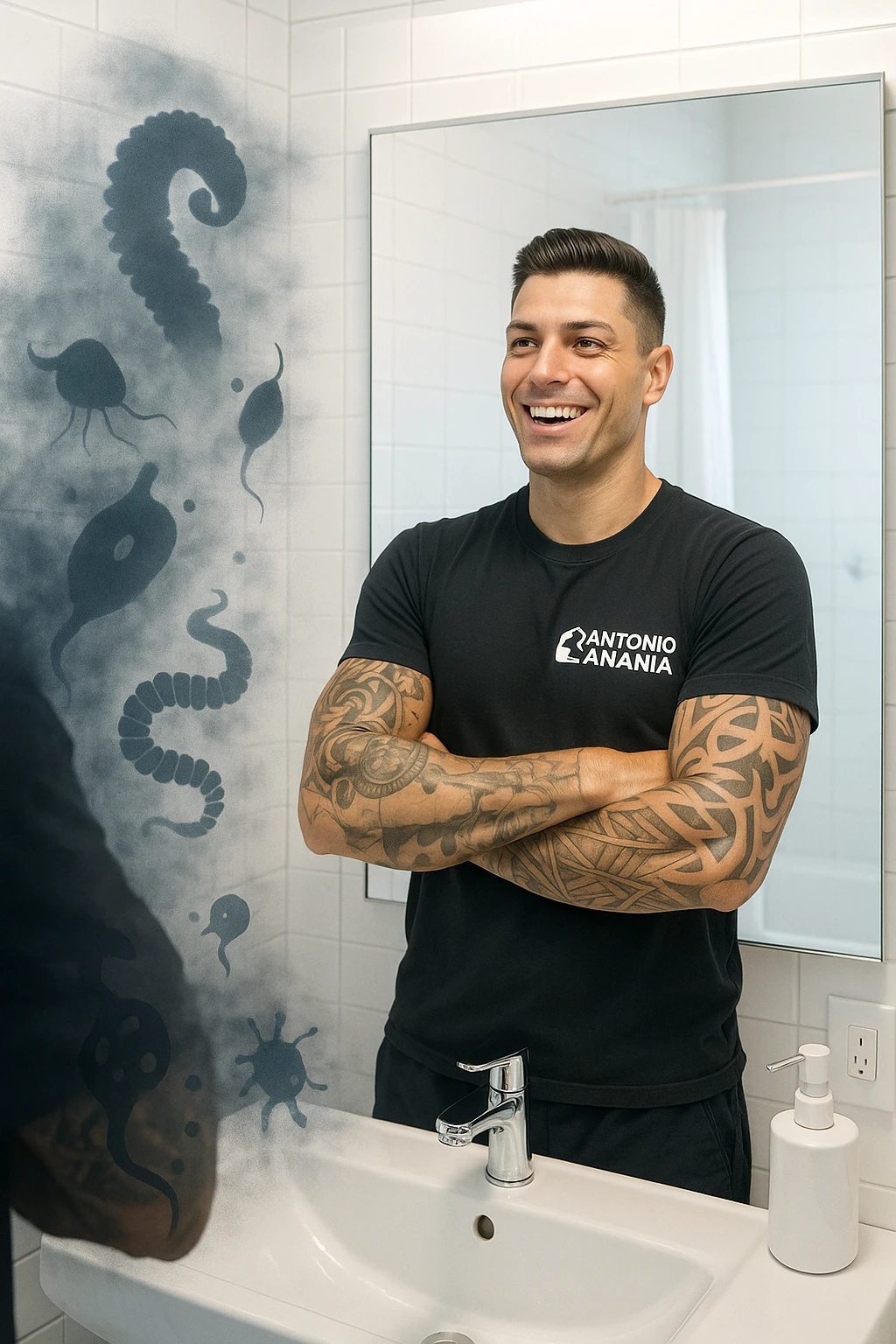 a man stands in a brightly lit bathroom, looking relieved and revitalized as he examines his reflection in the mirror. In the foreground, stylized, shadowy images of parasites (such as worms or protozoa) are shown leaving his body, dissolving into mist or fading away. His posture is upright and his expression is one of newfound energy and health. emoji