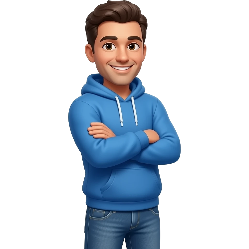 A 3D emoji-style illustration of a friendly man in casual clothes (blue hoodie and jeans), standing with arms crossed and looking directly at the viewer with a warm smile. Text in side: 'ANSWER TO THEM ON TOP' white text, while the name 'Baly' is rendered in a vibrant, glowing sky blue color. emoji