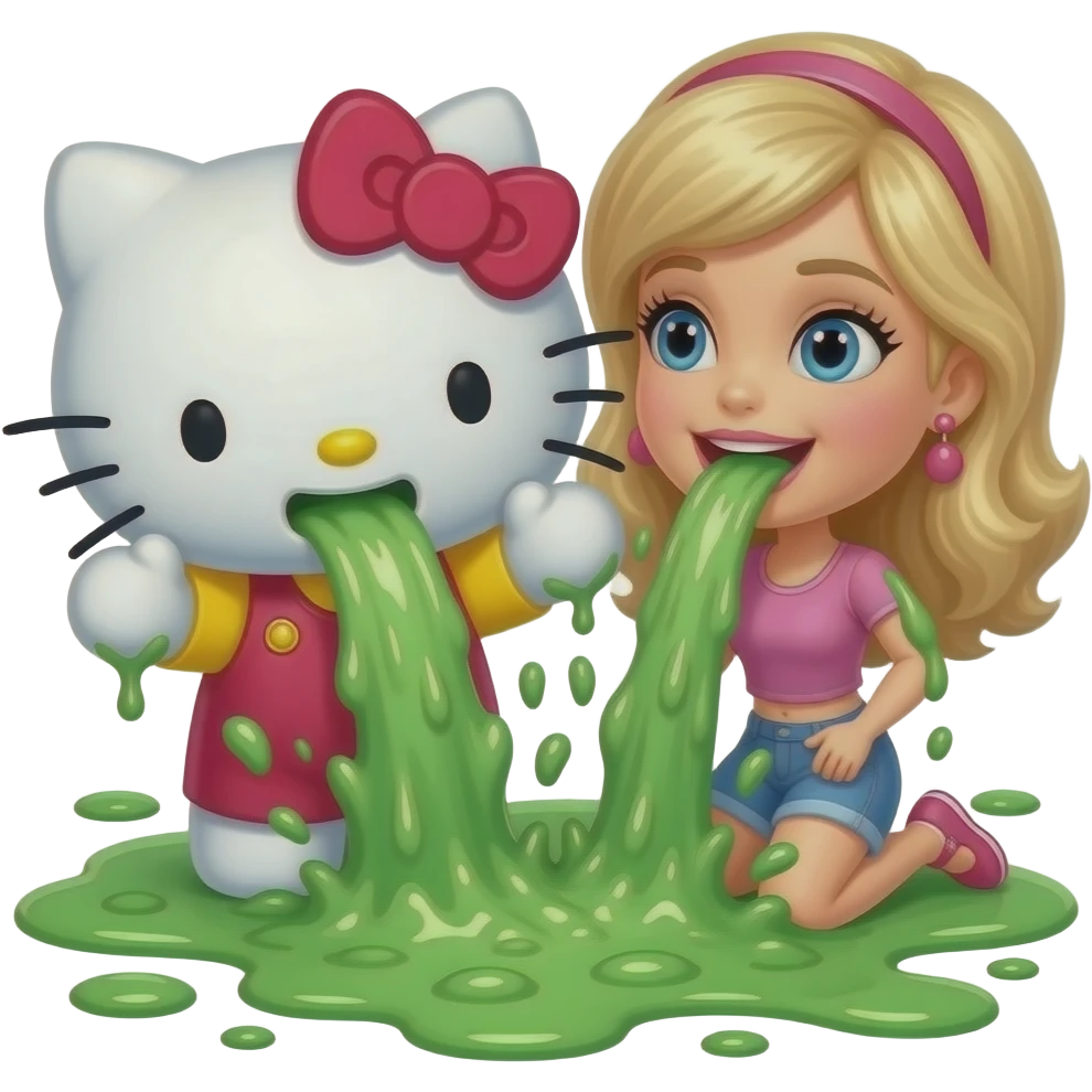 Green and white, throwing up—Hello Kitty and Barbie are throwing up together, a lot, covering the ground in vomit; it's gushing out of her mouth like Niagara Falls emoji