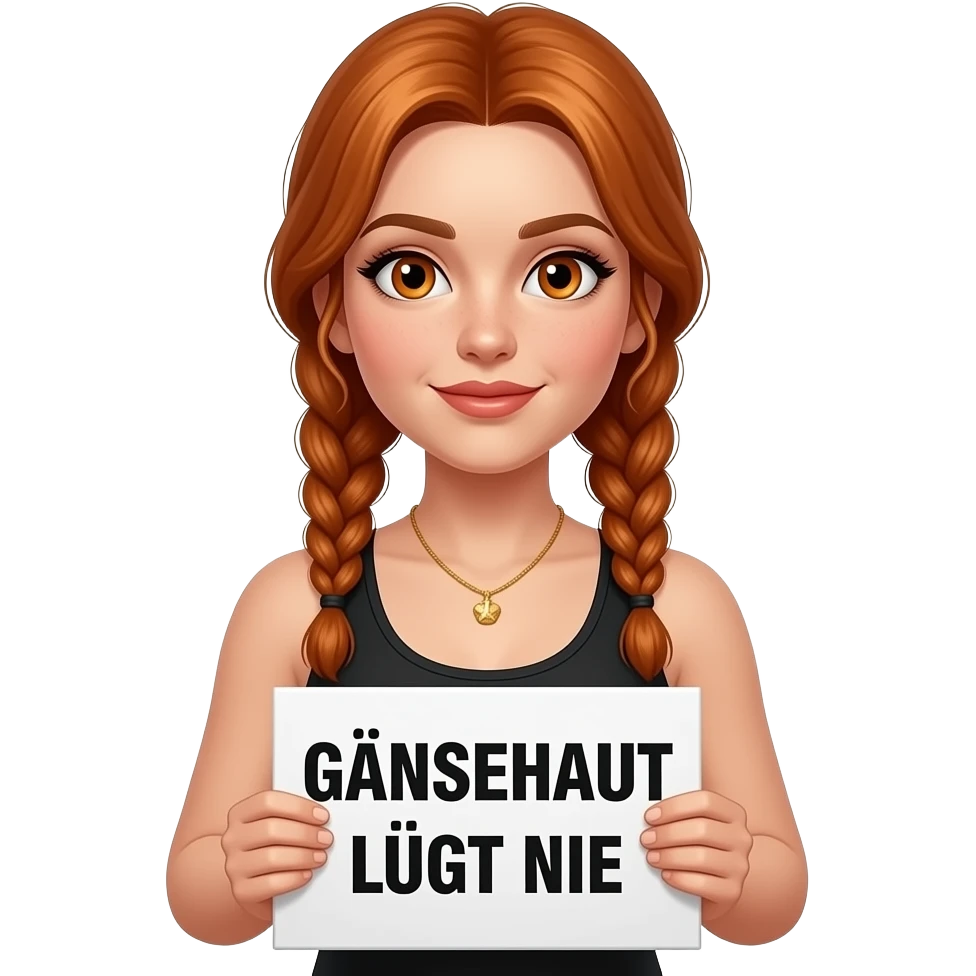 sexy girl with long ginger braids and ginger eyes wearing a black tanktop and is holding a white sign with GÄNSEHAUT LÜGT NIE written on it emoji