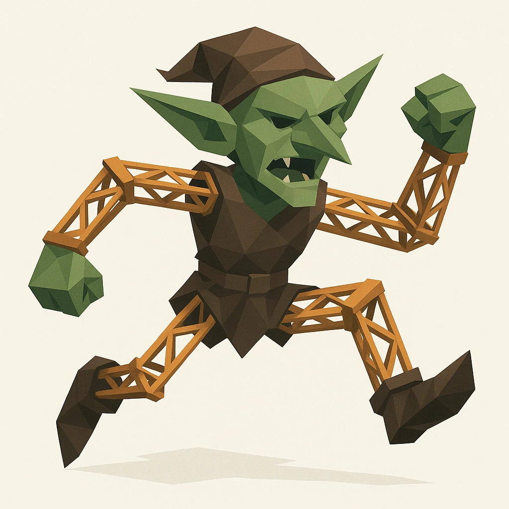 a fantasy goblin character with limbs and torso formed from lattice truss elements, dynamic pose, white background emoji