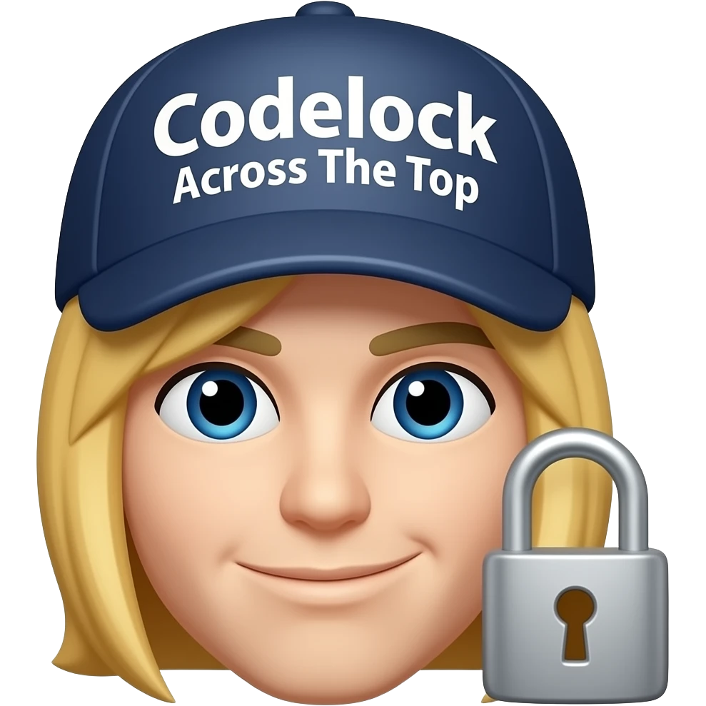 A small, high-detail Discord emoji of a confident hockey-themed emoji face named “Codelock.” Expression calm, calculated expression with a slight smirk—projecting authority, intelligence, and control. Blonde hair, and Codelock Across The Top in Bold, Coach Hat, A CODE LOCK Emoji in background emoji