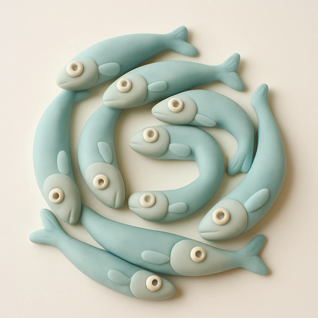 anchovies arranged in a spiral, fondant cake art style, pastel tones, no text emoji