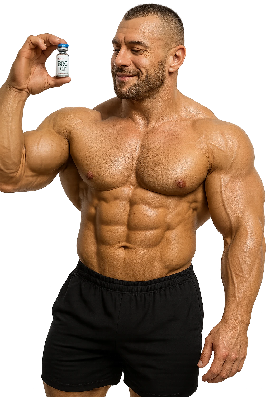 BODYBUILDER A FIGURA INTERA CHE TIENE IN MANO UNA FIALA MEDICA CON la scritta "BPC 157" SULL'ETICHETTA E LA GUARDA SODDISFATTO, iperrealistico 4k emoji